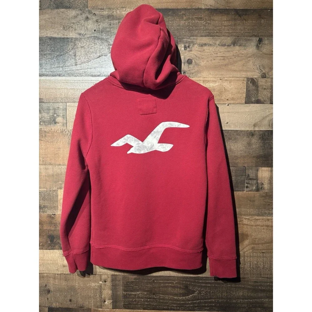 🔥Y2K Hollister Hoodie Mens XS Red Fleece Pullover Spellout Logo Sweatshirt A&F